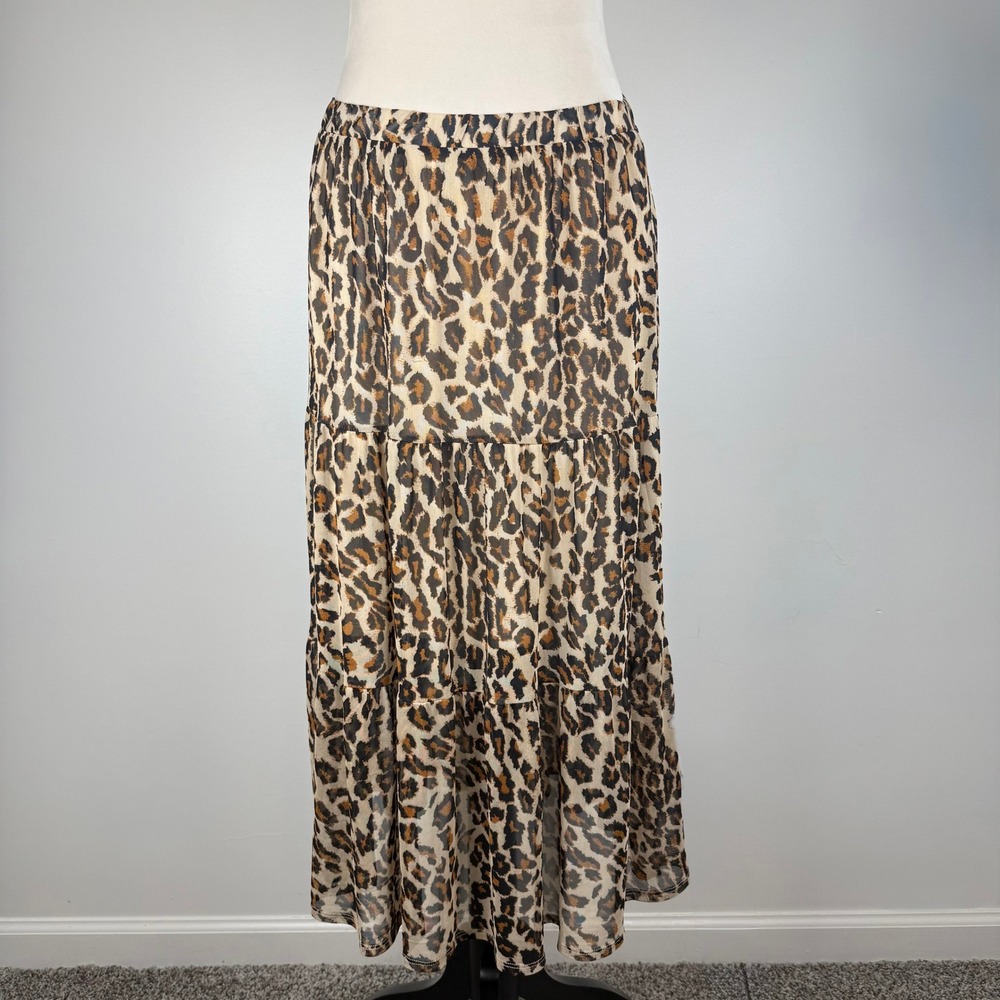 Harlow & Rose Leopard Print Tiered Maxi Skirt Brown Tan Mesh Overlay Elastic Med